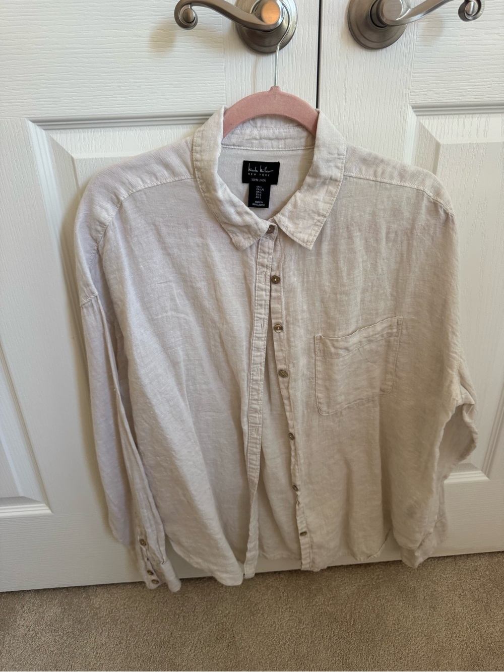 Womens Linen Button-Down in natural beige. Size L.